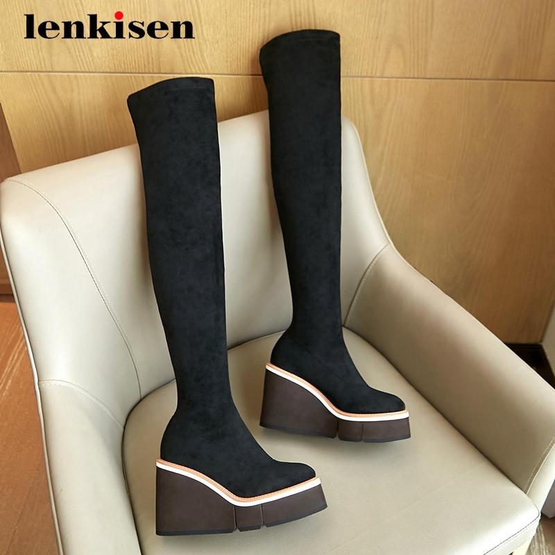 

Lenkisen riding boots flock wedges platform high quality round toe super high heel slip on stretch cozy over-the-knee boots L7f1, Black short