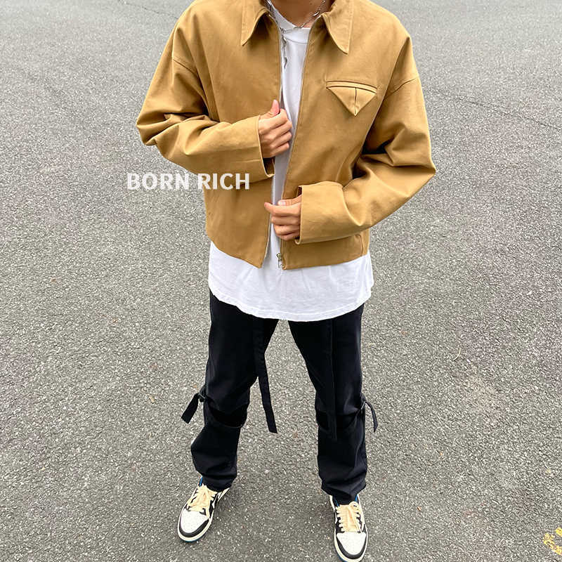 

Men' Jackets Natural wealth and self-determination bv jacket triangular label Lapel high street short Bieber TS same style, Black