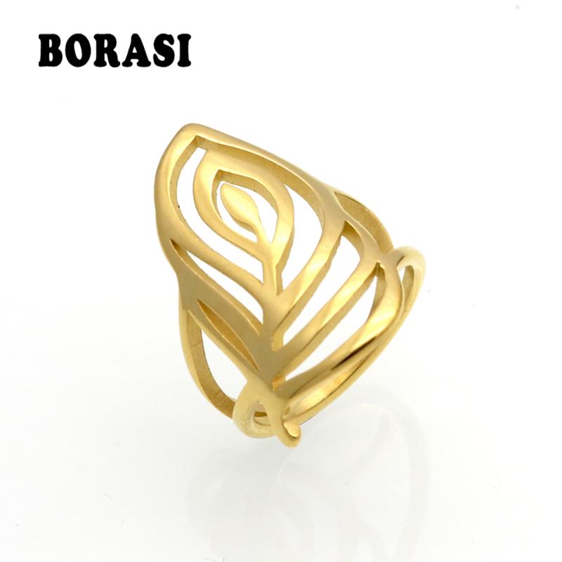 

BORASI Brand New Gold Color Hollow Big Leaf Rings For Women Stainless Steel Ring Cocktail Party Fashion Female Jewelry
