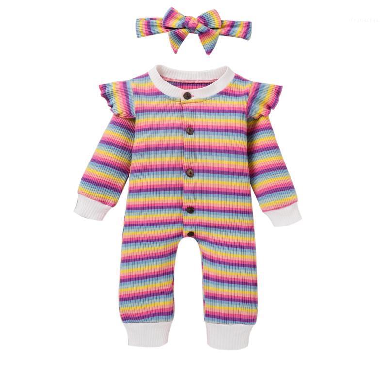 

Toddler Baby Girl Boy Outfits Autumn Clothes Rainbow Striped Romper Ruffles Long Sleeve Ribbed Jumpsuit Headband Sets 0-24M1