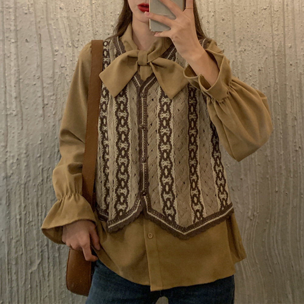 

2021 Korean Version Piece Sets Springtime New Retro Loose Long-sleeved Shirt Folk-custom Embroidery Vest Suit GTWL, Blue