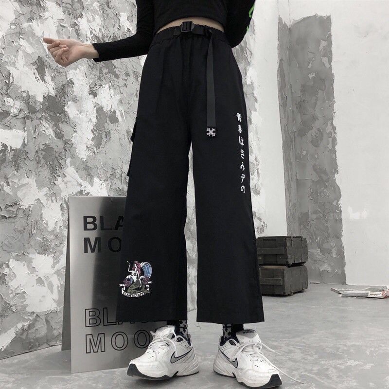 2021 Anime Print High Waist With Belt Wide Leg Baggy Pants Womens ...