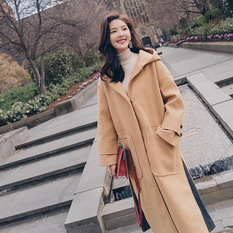 

Office Lady Slim Women Long Wool Blend Coat Hooded Single Breasted Cashmere Jacket Pockets Regular Ladies Coats, Camel