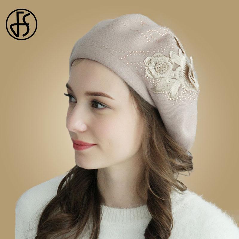 

FS Wool Beanie Hats For Women Winter Skullies Warm Cap Gorros Bonnet Female Knitted Caps Girls Fashion Caps, Beige flower