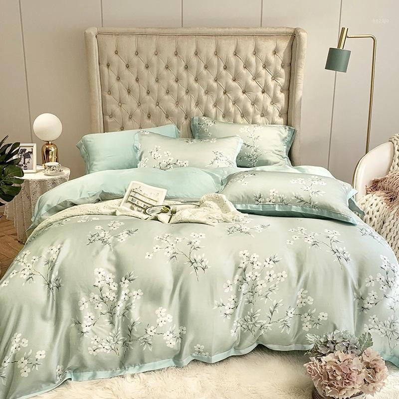 

Silk Cotton Bedding Sets Queen King Size Green Pink Siliver Blue Floral Printed Duvet Cover Tencel SILK Comforter Bedding1