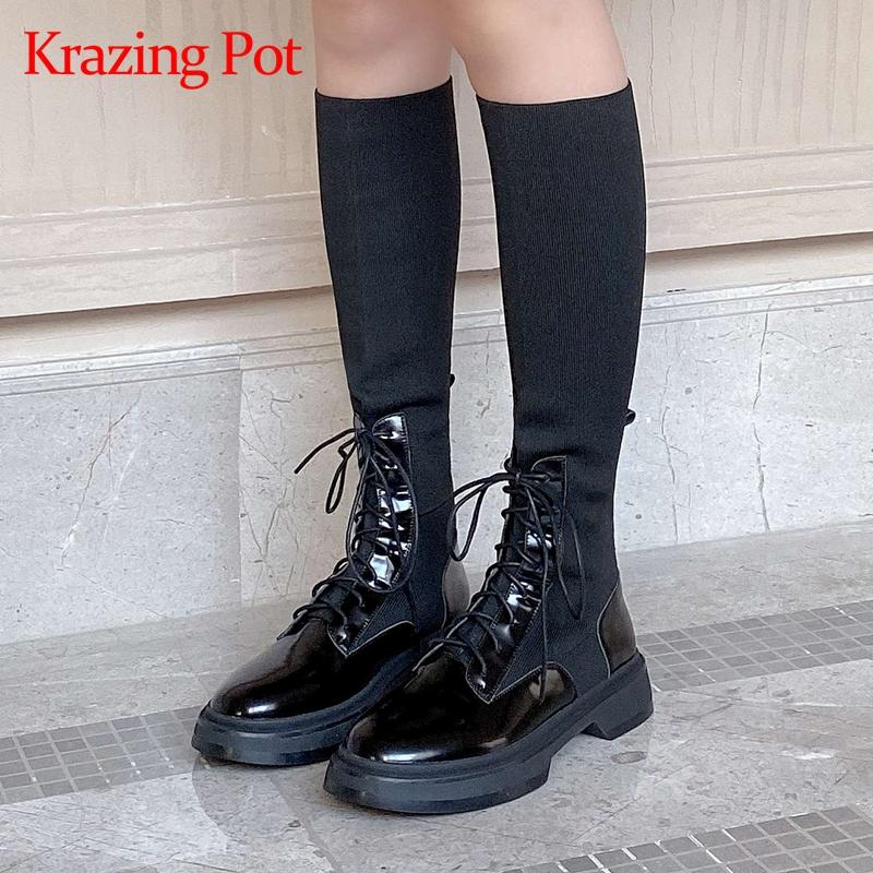 

Krazing pot genuine leather round toe med heel knitting boots cross-tied Korean street pretty girls dating knee-high boots L0f7, Black1