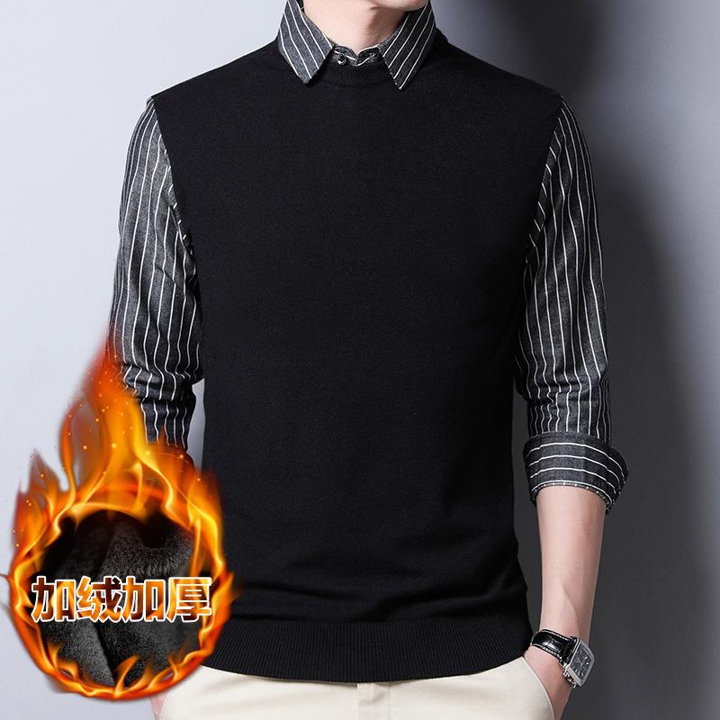 

Add velvet fake two-piece sweater men's 2020 autumn new shirt collar Korean version of slim sweater men's wholesale
