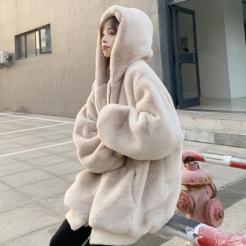 

Oversized Hooded Faux Fur Coat Winter Fashion Fake Fur Jacket Long Sleeve Thick Stitching Loose Outerwear F2036, Black