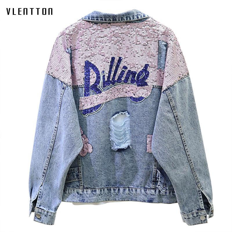 

Autumn Harajuku Pink Sequins Hole Denim Jacket Female Casual Loose Jean Jackets Woman Korean Letter Coat Outwear Chaqueta Mujer, Blue