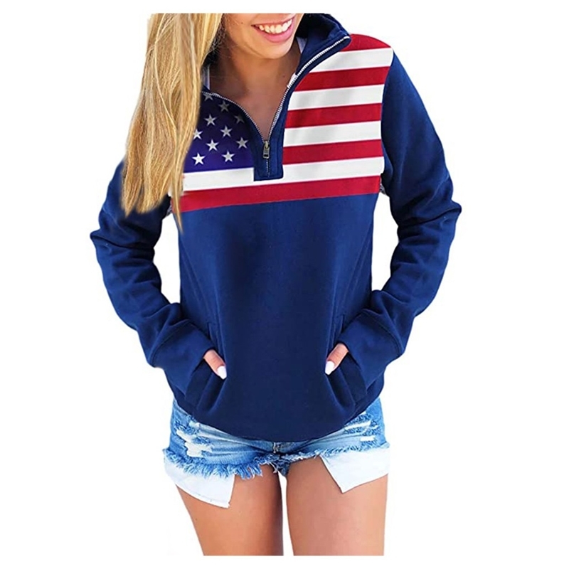 

American Flag Print Sweatshirt Women Zipper V-Neck Pocket Sweatshirts Top Pullover Long Sleeve Femme Sweatshirt moletom feminino LJ201103, Black