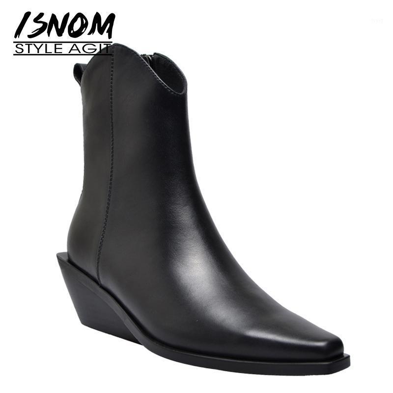 

ISNOM High Heels Wood Ankle Boots Women Leather Booties Fashion Square Toe Shoes Female Strange Style Zip Shoes Ladies Autumn1, Black