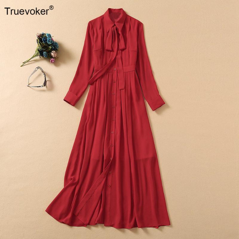 

Truevoker Lady High Street Christmas Festival Dress Women' Long Sleeves Bow Collar Mid Calf Length Sweet Red Party Dresses, Black
