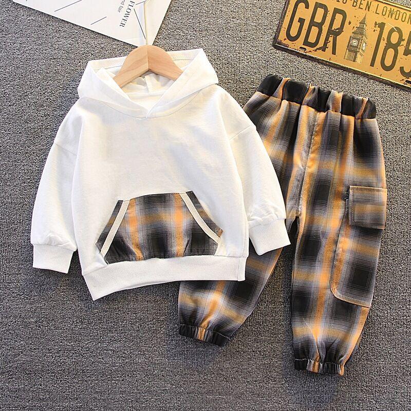 

Clothing Sets FOCUSNORM 2 Colors Autumn Casual Kids Boys Clothes Plaid Printed Long Sleeve Hooded Pocket Tops Pants 2pcs 1-6Y, White