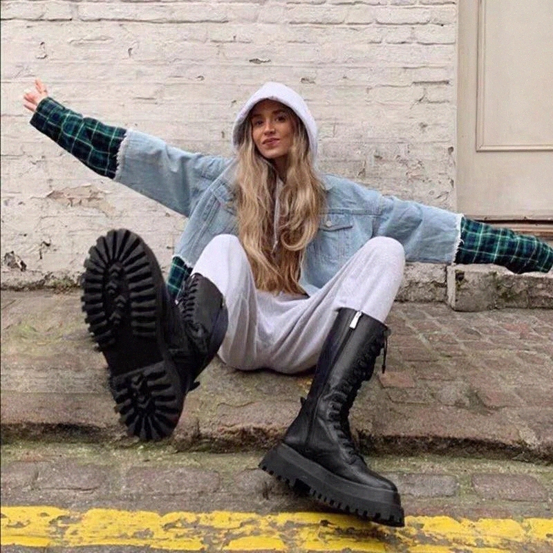 

Bright Leather Motorcycle Boots Women's High Boots Winter Long Tube Boot Lady Mid-Calf Low Heel Shoes Cool Cowboy botas Mujer #Z73T, Black