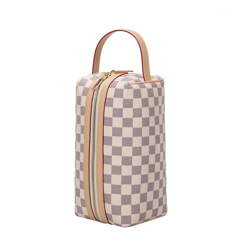 

Cosmetic Bag Large Capacity Portable Simple Printing Storage Bag Men And Women Portable Cylindrical Medium Lattice Clutch1, Beige