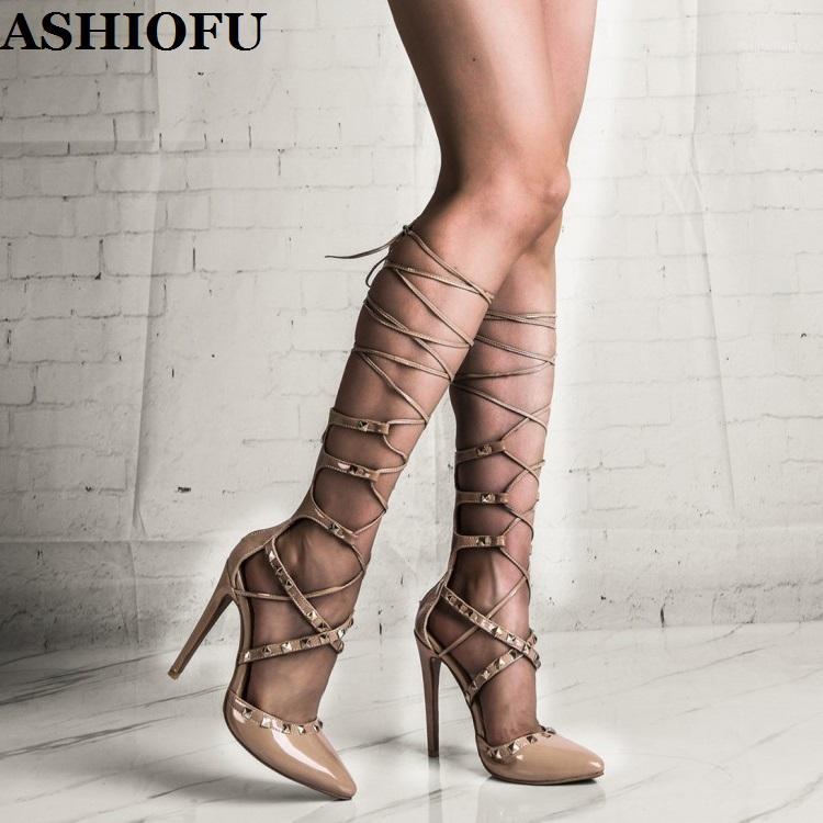 

ASHIOFU 2020 New Real Photos Ladies High Heel Sandals Crisscross Straps Rivets Spikes Summer Shoes Evening Club Fashion Sandals1, As pic