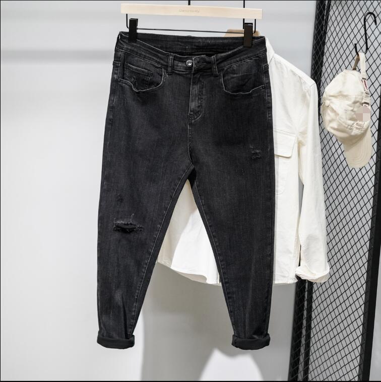 

2021 New Black Torn Loose Jeans with Small Feet Man Halon Pants Teenagers 7TJB