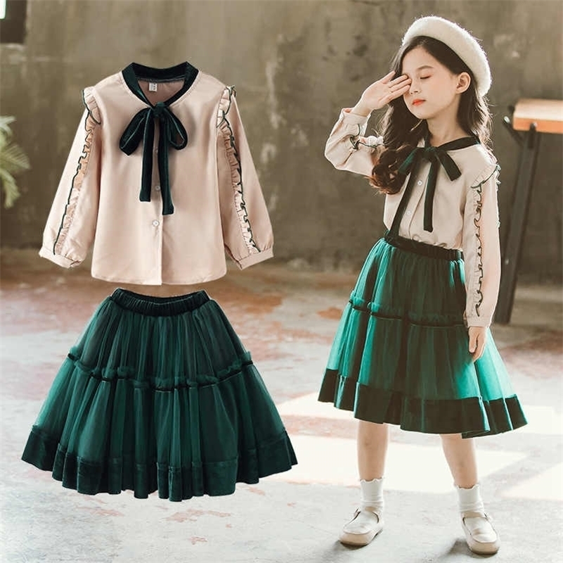 

Fashion Princess Clothing Set Girls Bow Blouse and Solid Lace Skirt Two Piece Girl Set Spring Autumn School Teenage Skirt Sets 201031, Green