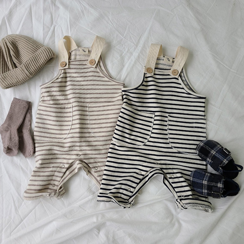 

2021 New Autumn Toddler Boys Girls Stripe Sleeveless Romper Jumpsuit Outwear Pants Clothes 0-24m Baby Fashion Striped Overalls Yphu, Khaki