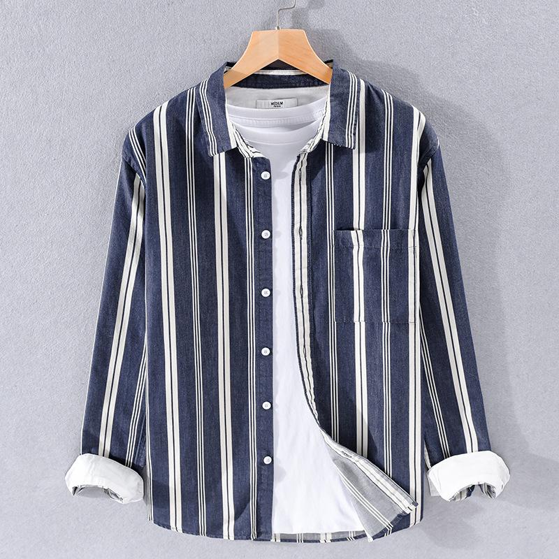 

Spring Autumn Men's Striped Long Sleeve Casual Shirt Outdoor Sport Labor Cargo Travel Loose Fashion Pure Cotton Tops, Blue
