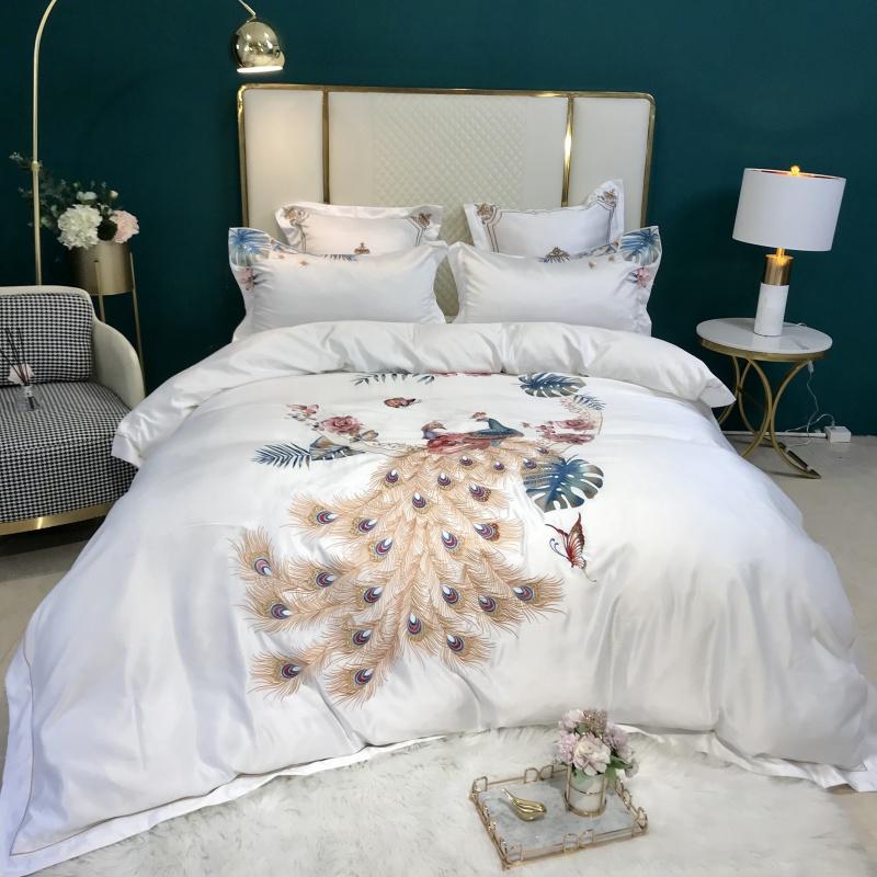 

White Satin Silk Cotton Phoenix Embroidery Bedding Set Double Cover Pillowcases Sheet Bed Home Set Fitted Duvet Textile Linen