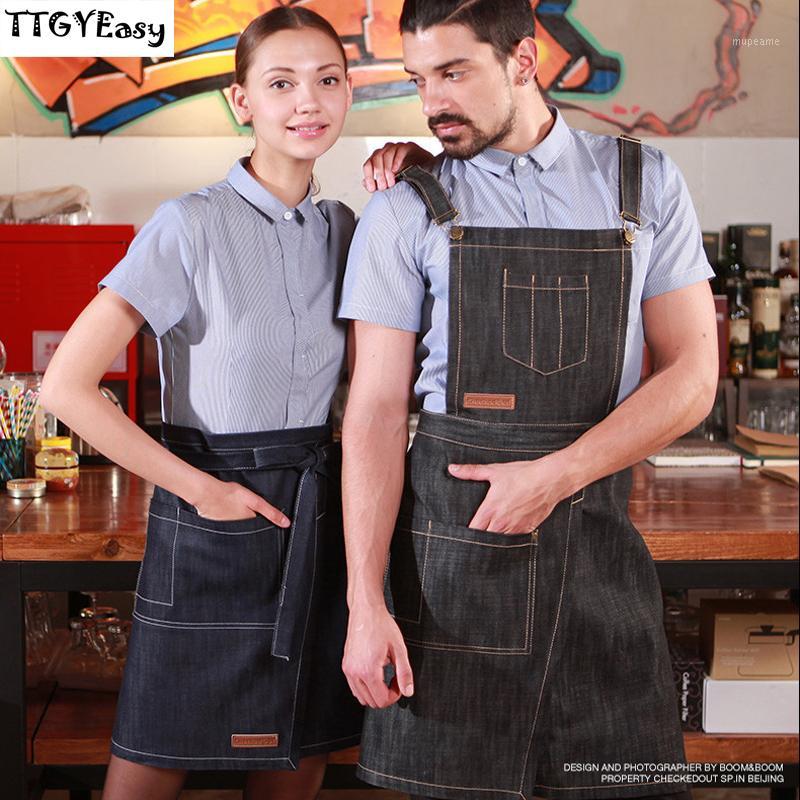 

New Denim Cowboy Apron Pocket BBQ Senior Jeans baking Bib Kitchen Half apron for Women Men cooking Waitress Custom Print1