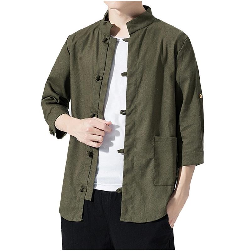 

Vogue Tide Men Shirt Summer Cotton Linen Shirts Male Casual Solid Three Quarter Sleeve Tops Soft Wear Male Social Shirts, Beige