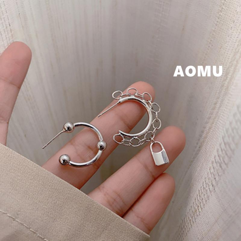 

AOMU New S925 Punk Asymmetric Hollow Silver Color Metal Chain Lock Hoop Earrings for Women Minimalist Party Jewelry Gifts