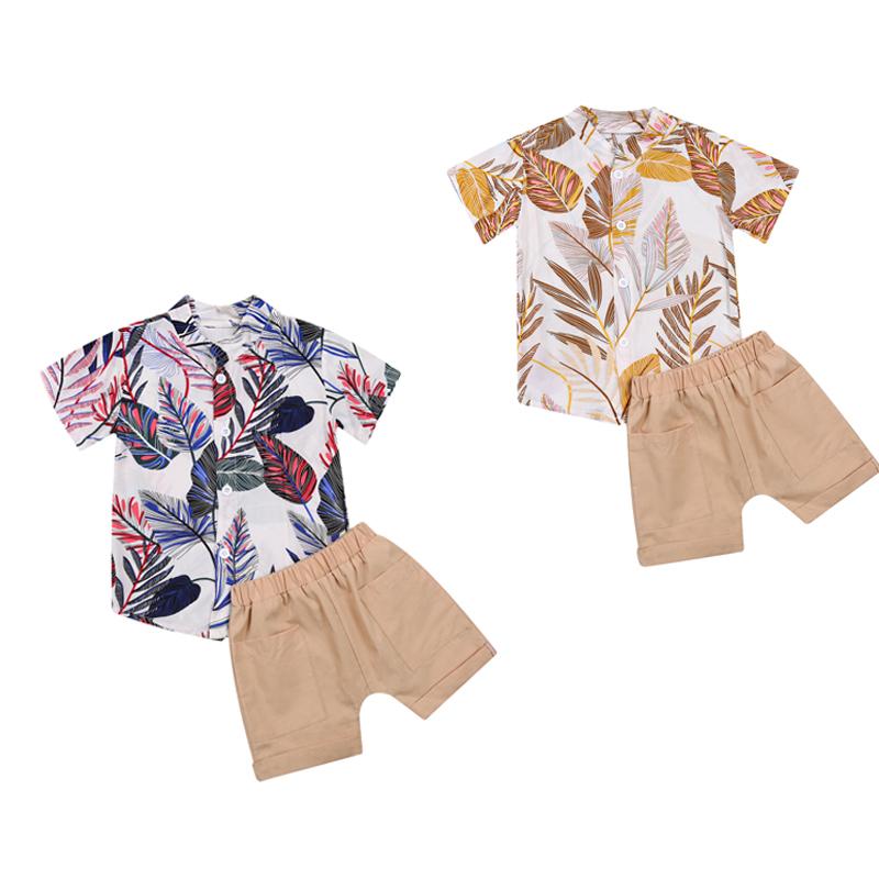 

FOCUSNORM 1-6Y Summer Toddler Kids Boys Clothes Sets Leaves Print Short Sleeve Single Breasted Shirts Shorts, Blue