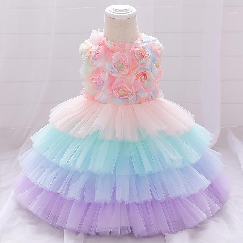 

2020 New Newborn Dress 1 Years Birthday Party Dress Summer baby girl's clothes colorful flower mesh cake dresses1, As picture