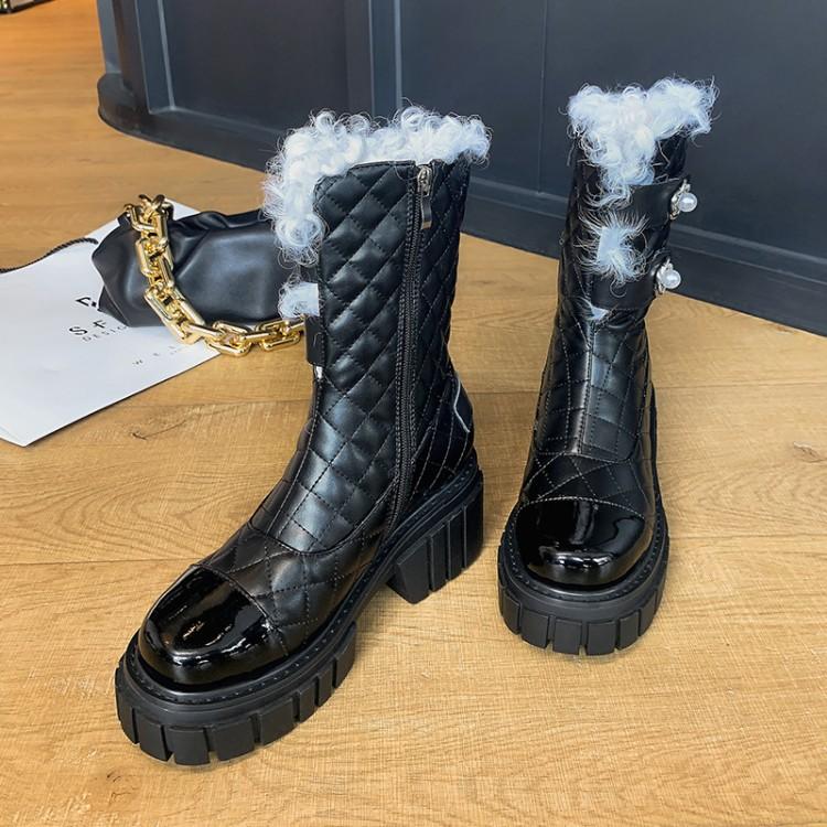 

MLJUESE 2021 women ankle boots Patent leather winter wool blend mixed colors round toe checkered high heels female ankle boots, Black