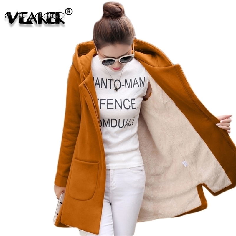 

Autumn Winter Women' Fleece Jacket Coats Female Long Hooded Coats Outerwear Warm Thick Female Red Slim Fit Hoodies Jackets 201112, Green