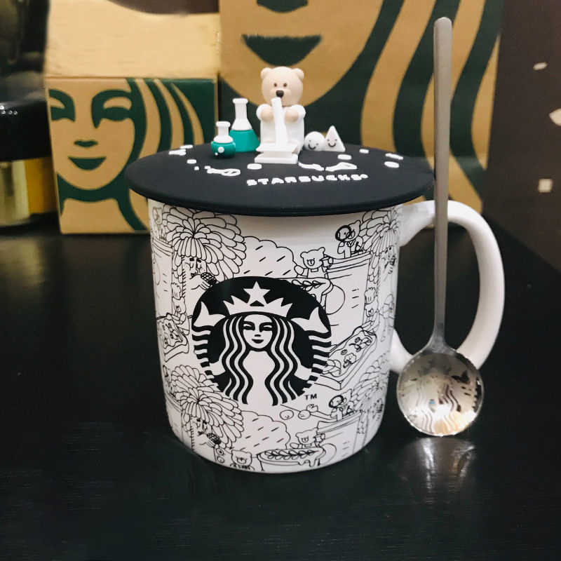 Starbucks new cartoon graffiti cup bear drinking water with cup cover coffee cup large capacity couple Mug-image-755459913