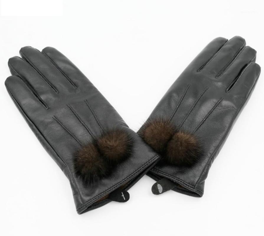 

zero fish Winter Genuine Leather Gloves for Women sheepskin Finger Glove 2020 New Arrival Fashion Mink Ball Warm Mittens1