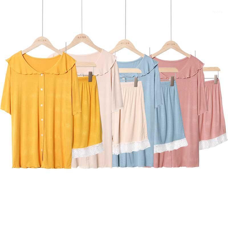 

2020 Summer New Ladies Pajamas Set Solid Color Doll Collar Comfort Modal Sleepwear Women Lace Homewear Soft Loose Casual Wear1, Blue