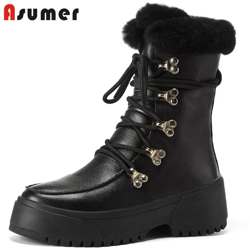 

Asumer 2021 Genuine Leather Shoes Women Winter Snow Boots Top Quality Round Toe Thick Bottom Casual Shoes Women Ankle Boots, Black
