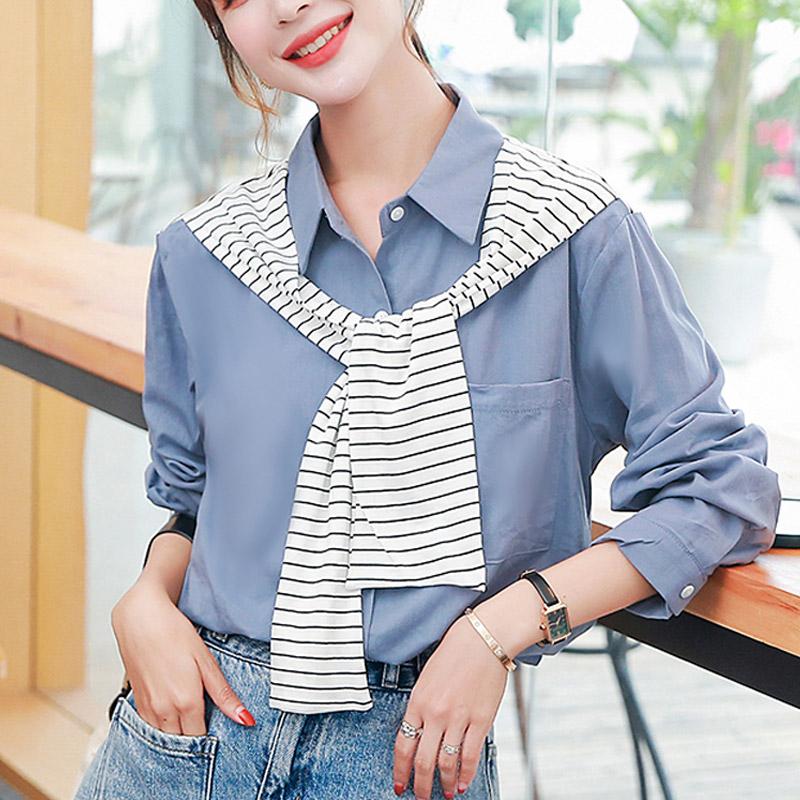 

College Style Fashion Blouse Women 2020 Elegant 2 Pieces Set Striped Shawl Turn-Down Collar White Blue Formal Shirt For Women