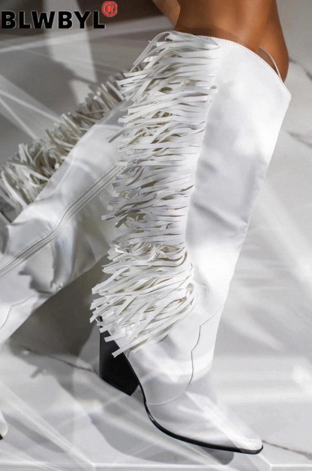 

New Boots Women Vintage Shoes Women Tassel Over Knee Casual Boots Fashion Round Toe Leather Square Heel Botas Mujer #Et30, Black