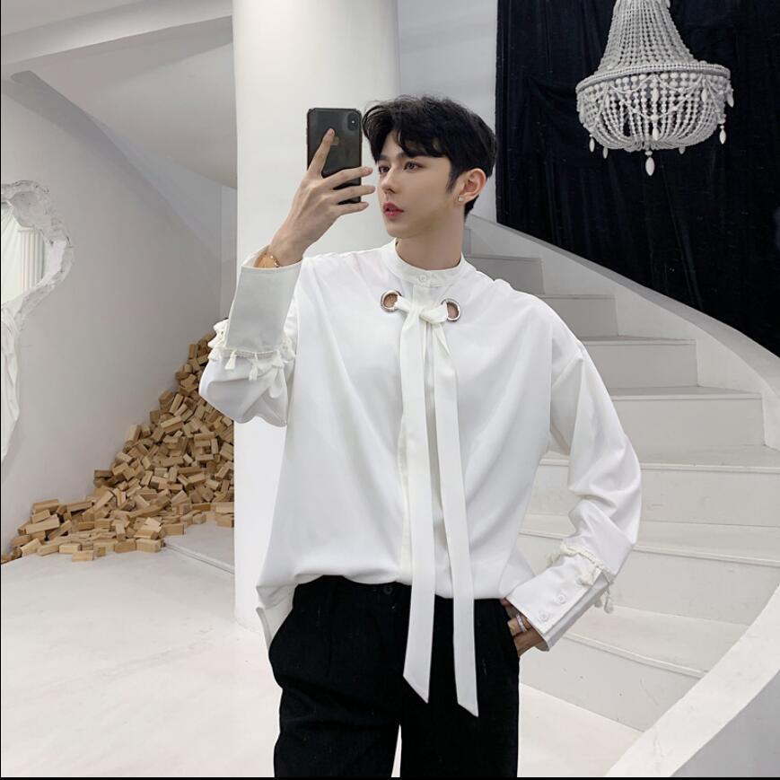 

2020 Spring New Personality Nightclub Dj Men's Shirts Down Long-sleeved Collar Free Shirt Singer Clothes Yavj, Black