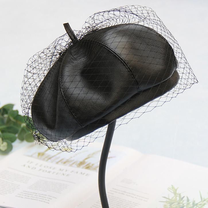 

FUFAN023 Winter Solid Black Faux Leather Women's Beret Cap Pumpkin Hat Artist Hat Newsboy With Gauze