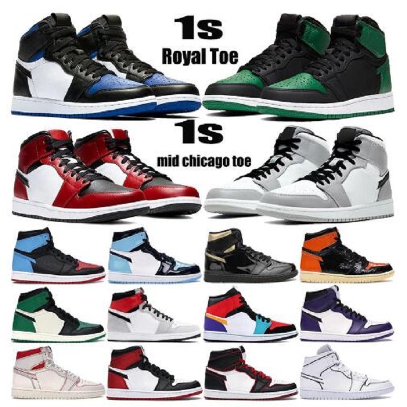 

Double Box Sneaker 1 High OG Basketball Shoes 1s Mid Chicago Royal Toe Black Metallic Gold Pine Green UNC Patent Men Women Sneakers Trainers, Color 29