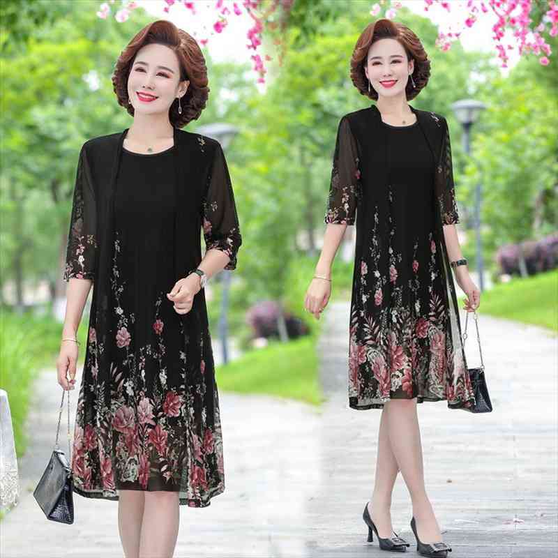 

Summer Net Yarn 2 Piece Set Dress Cardigan Women Plus Size 4xl 5xl Party Midi Flower Dresses Elegant Vintage Robe, Black;gray
