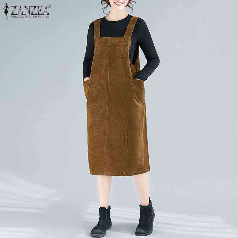 

ZANZEA Women Corduroy Overalls Dress Vintage Straps Sundress Autumn Winter Solid Sleeveless Pockets Midi Vestidos Suspenders G1223, Burgundy