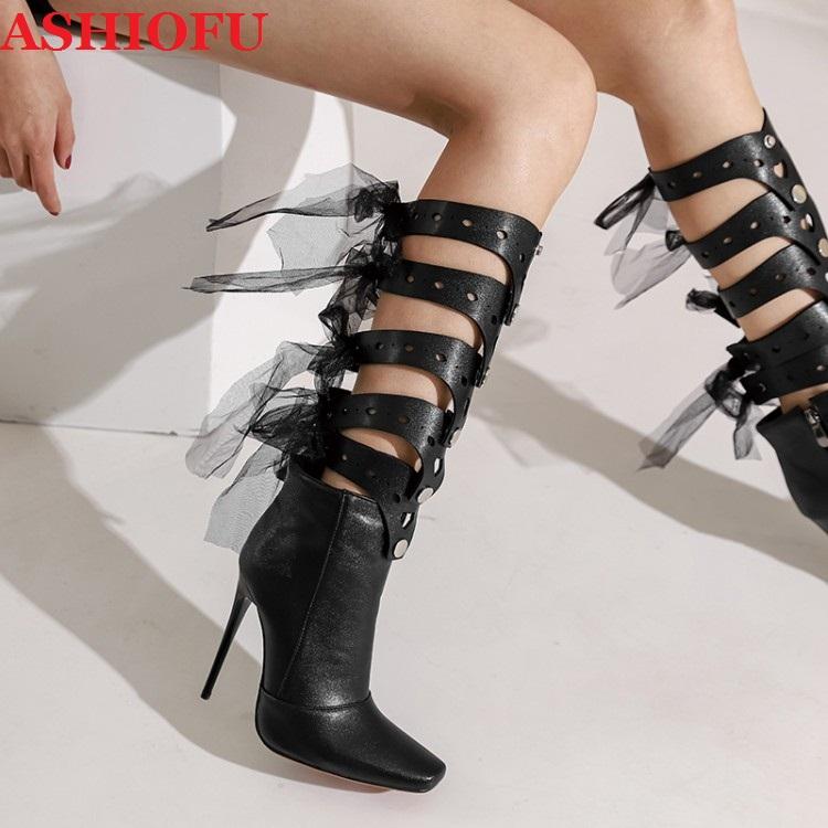 

ASHIOFU New Real Photos Ladies High Heels Boots Five-Buckles Sexy Night-club Party Shoes Large Size Evening Fashion Winter Boots, As pic