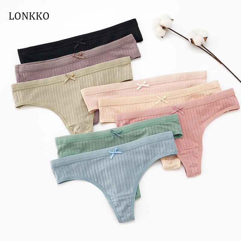 

LONKKO Women's Cotton Thong Panties Sexy kawaii Lingerie Feminina Low-rise Striped G-string Seamless Comfortable Briefs 9 Colors, Black