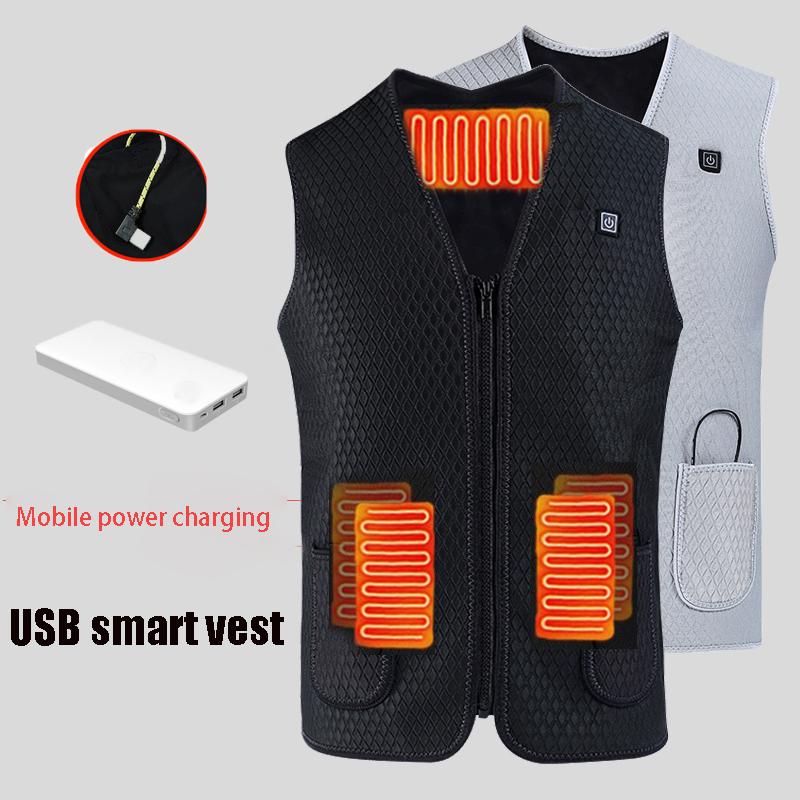 

Winter Outdoor Smart Heating Vest Men Women Infrared Electric Heating Vest Flexible Thermal Velvet Warm Jacket Fishing Hiking, Gray 5 areas heat
