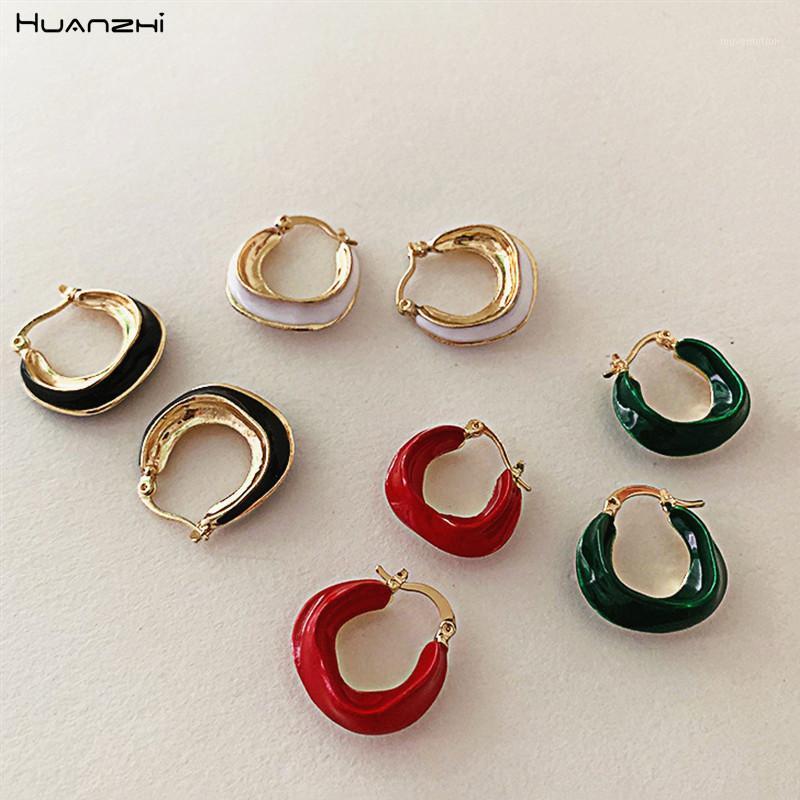 

HUANZHI 2020 New Trendy Retro Multicolor Enamel Metal Geometric Irregular Golden Brass Hoop Earrings for Women Girls Jewelry1