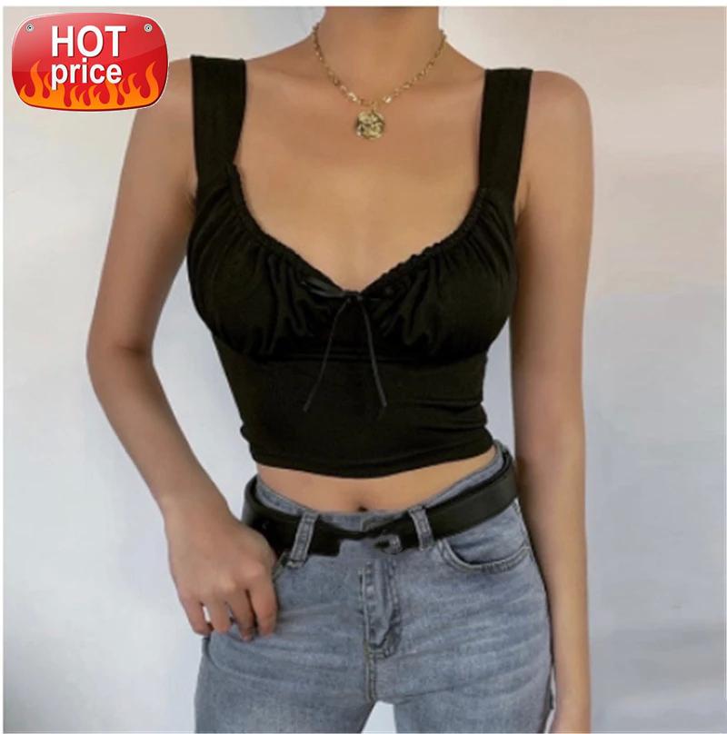 

HIRIGIN 2021 New Sexy Women Deep V-neck Push Up Bow Patchwork Tanks Vest Crop Tops Summer Sleeveless Strap Camis Club Streetwear #8z2b, White