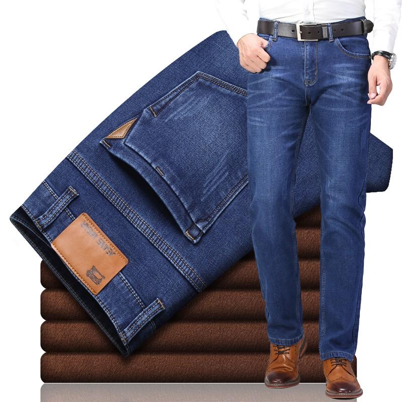 

2020 New Business Casual Black Blue Slim Stretch Thick Denim Pants Male Brand Fleece Trousers