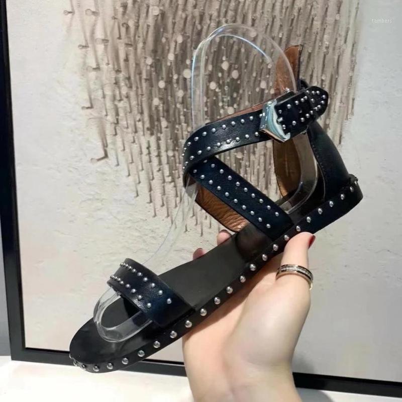 

Black Leather Rivet Flat With Sandals Ankle Buckle Round Toe Cover Heel Summer Dress Women Shoes Studded Genuine Leather1
